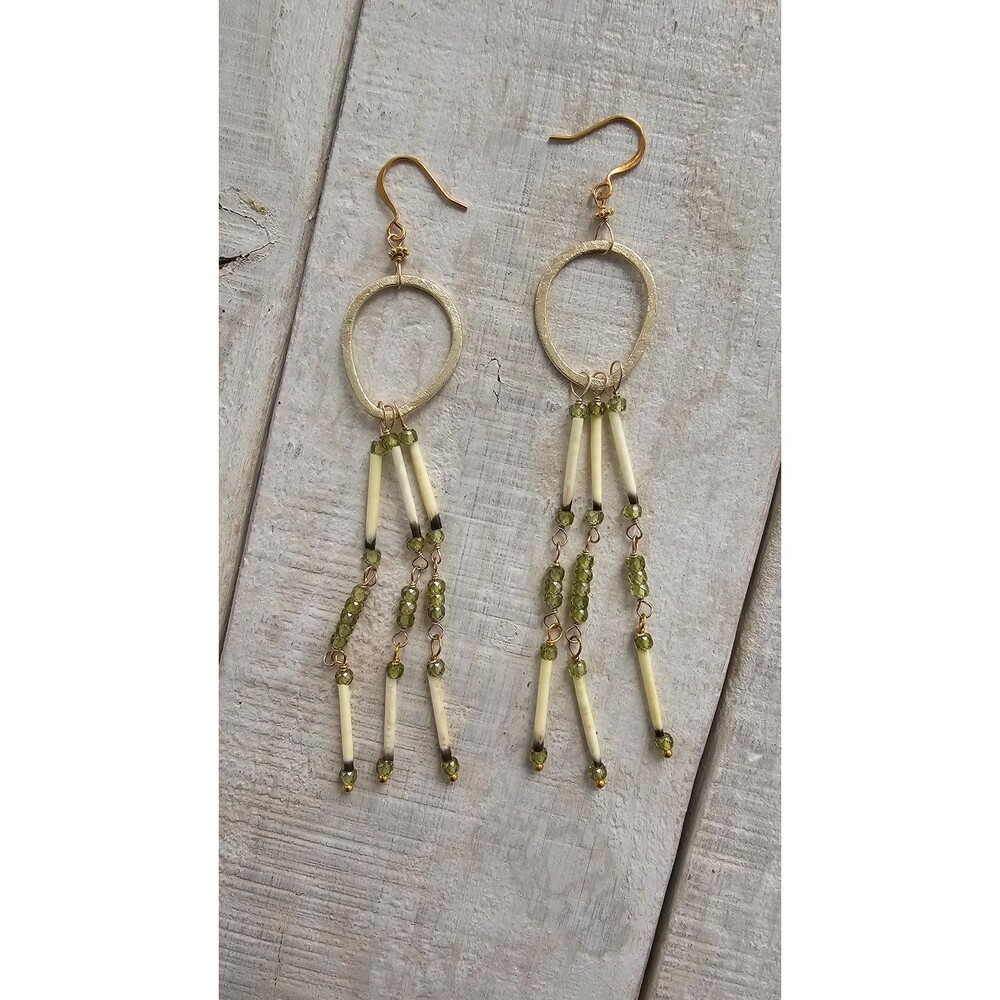 Zinnialou Jewelry Vermeil Teardrop Porcupine Quills Green Bead Dangling Earrings